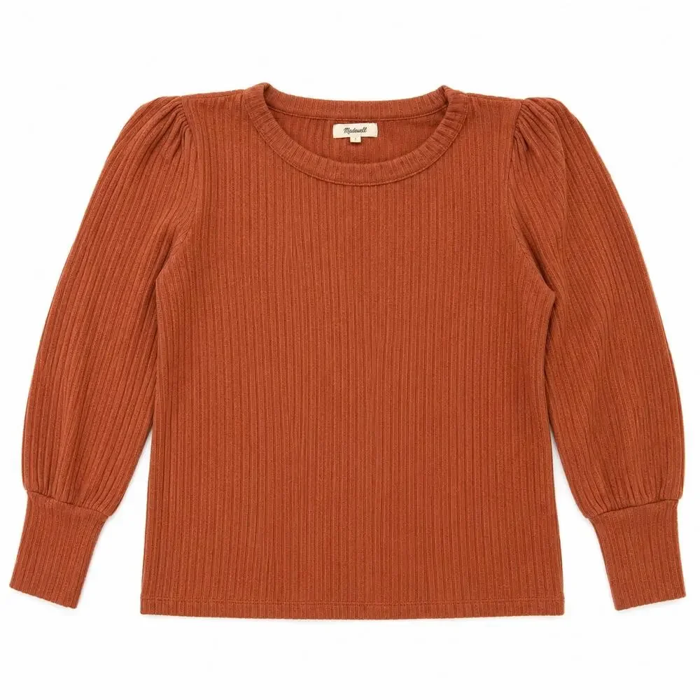 Madewell puff long sleeve pumpkin orange/terracotta ribbed knit top Women M